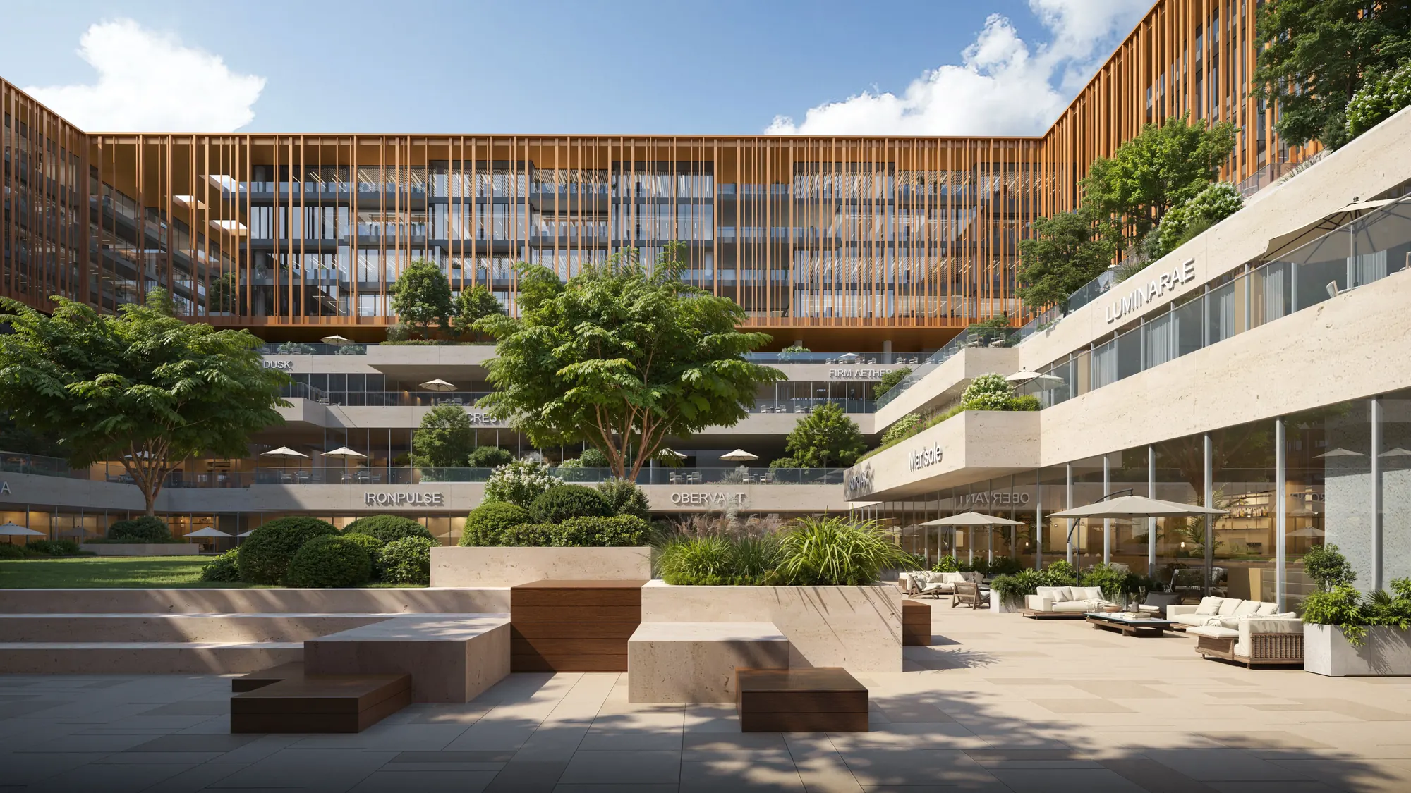 The central courtyard by day: shaded seating, trees and terraces between the four blocks