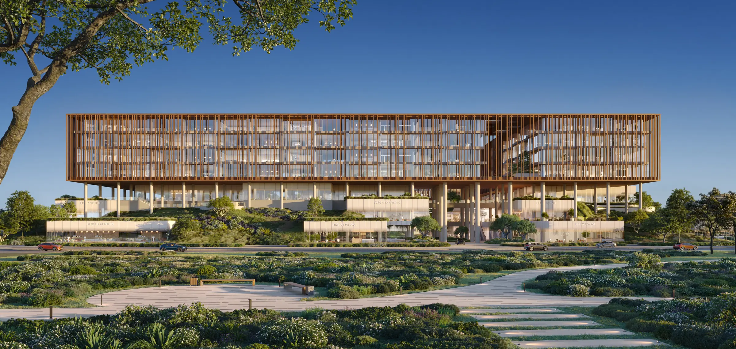 Front elevation of The Yards Plaza: a long louvred office volume floating above a planted podium and terraces