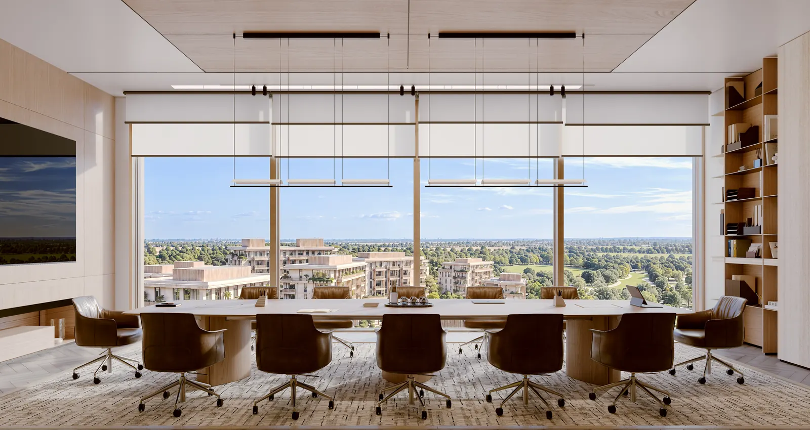 Boardroom with a long timber table and views over the green spine
