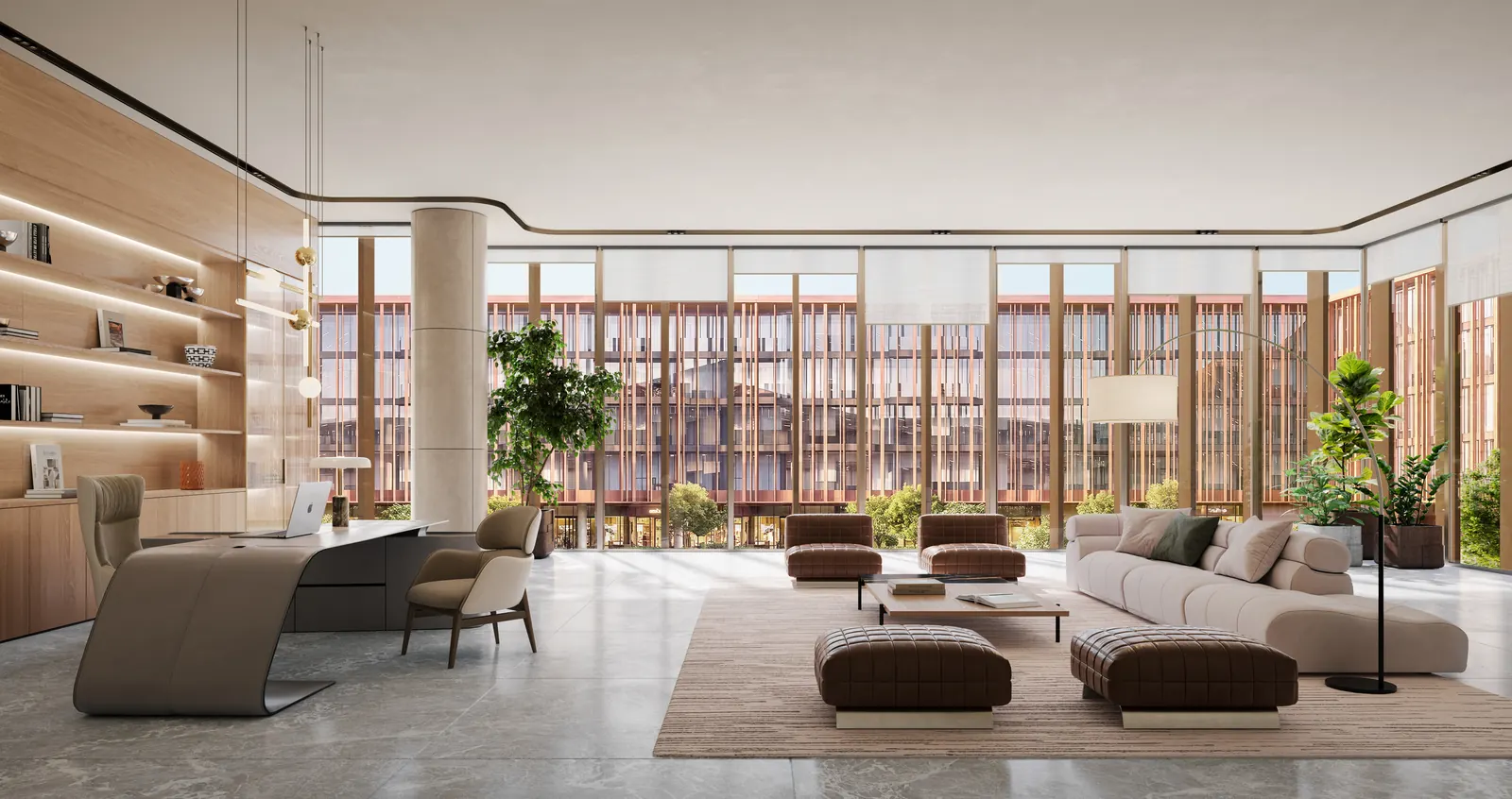 Executive office lounge with sofas, shelving and courtyard views