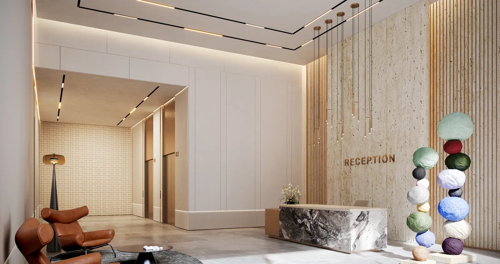 Office lobby: stone reception desk, timber-slatted wall and a stacked-pebble sculpture