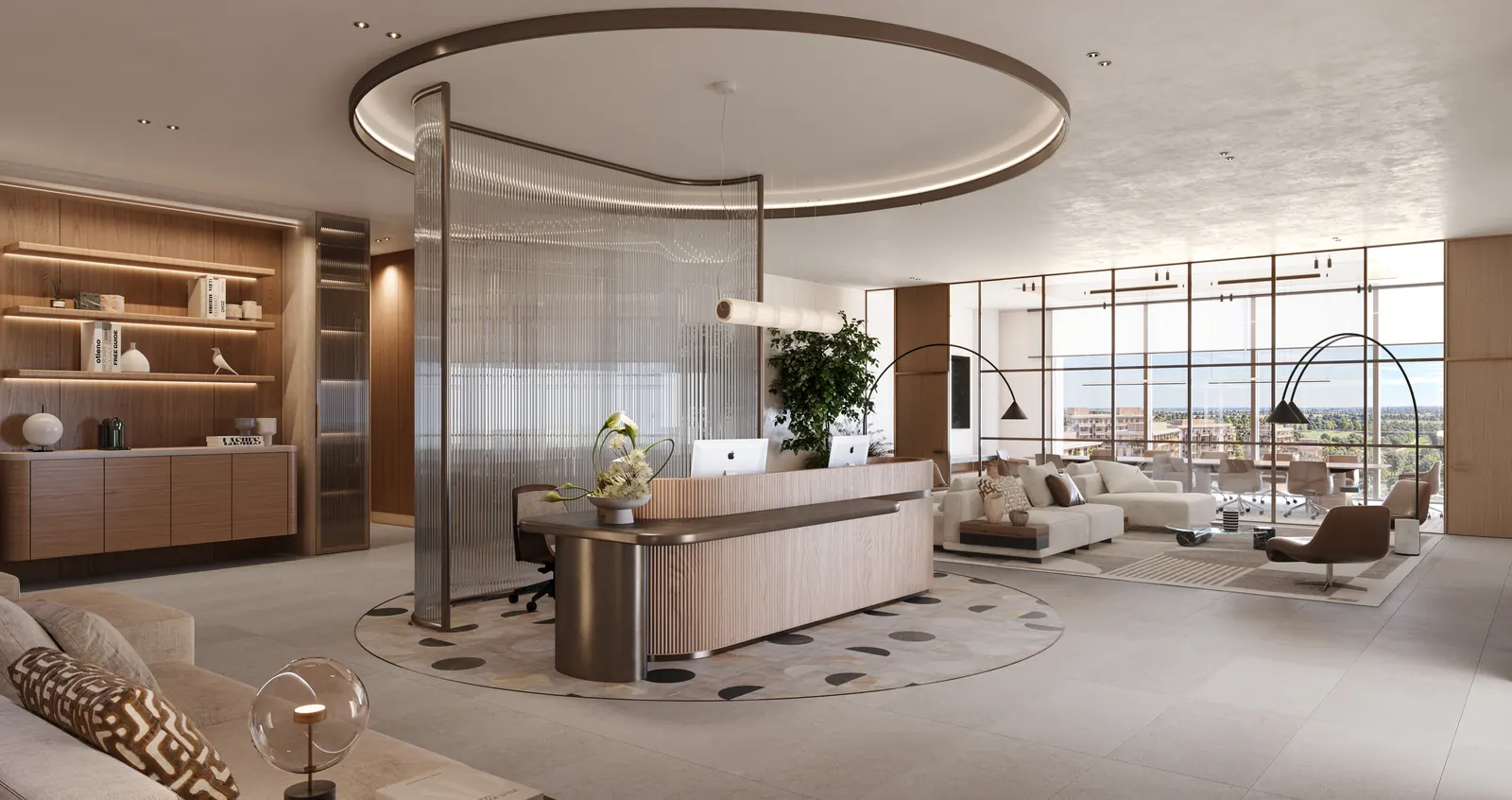 Workspace reception with a curved desk under a circular ceiling light